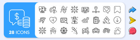 Coins, Brand and Analytics graph line icons. Interest rate, AI generate, Inflation icons. Pack of Demand curve, Tractor, Chemistry pipette icon. Web3, Scroll down, Dollar rate pictogram. Vectorのイラスト素材