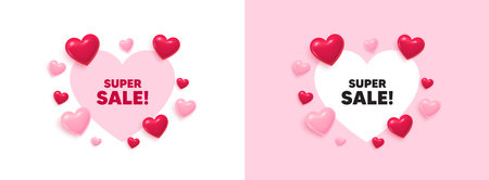 Super sale heart shaped banner. 3d flying hearts. Super Sale tag. Special offer price sign. Advertising Discounts symbol. Valentines day greeting card. Cute 3d love hearts. Vectorのイラスト素材