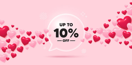 Discount tag glass speech bubble. 3d hearts pink background. Up to 10 percent off sale. Discount...