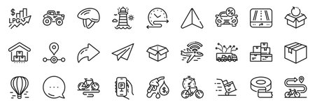 Storage, Airplane wifi and Parcel line icons pack. Share, Message, Paper plane icons. Truck delivery, Air balloon, Delivery cart web icon. Bike, Lighthouse, Wholesale goods pictogram. Vectorのイラスト素材
