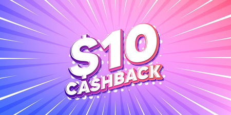 Cashback sun rays gradient banner. Light burst background. 10 Usd cashback. Money back offer sign....