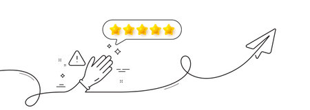 Dont touch without gloves line icon. Continuous line with share plane. Hand warning sign. Hygiene notification symbol. Five star rate review in speech bubble. Use gloves single line ribbon. Vectorのイラスト素材