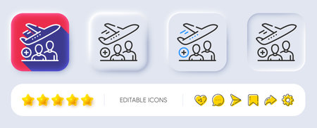 Passengers line icon. Neumorphic, Flat shadow, 3d buttons. Plane travel flight sign. Airport plane transport symbol. Line passenger icon. Social media icons. Vectorのイラスト素材