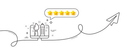 Creative design line icon. Continuous line with share plane. Graphic designer sign. Brush and pencil symbol. Five star rate review in speech bubble. Creative design single line ribbon. Vectorのイラスト素材