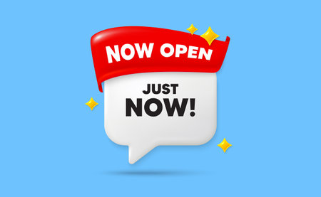 Just now chat speech bubble. Now open flag ribbon. Just now tag. Special offer sign. Sale promotion symbol. 3d sparkle stars speech bubble. Vectorのイラスト素材