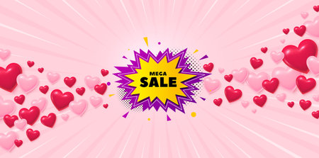 Mega sale love banner with 3d hearts. Sunburst flare background. Mega sale sticker. Discount banner shape. Coupon bubble icon. Valentines day greeting card. Vectorのイラスト素材