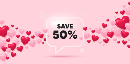 Discount glass speech bubble. 3d hearts pink background. Save 50 percent off tag. Sale Discount offer price sign. Special offer symbol. Valentines day greeting card. Flying hearts. Vectorのイラスト素材