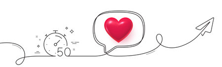 Timer 50 minutes line icon. Continuous line with share plane. Stopwatch time sign. Countdown clock symbol. 3d heart in speech bubble. Timer single line ribbon. Loop curve pattern. Vectorのイラスト素材
