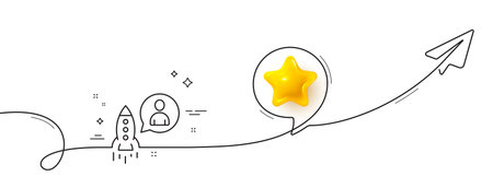 Startup line icon. Continuous line with share plane. Business management sign. Launch project symbol. 3d star in speech bubble. Startup single line ribbon. Loop curve pattern. Vectorのイラスト素材