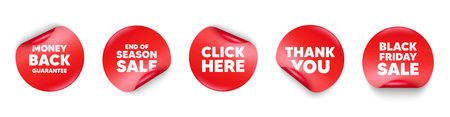 Money back guarantee sticker tag. Season sale, Black friday paper price banners. Money back guarantee tag. Promo offer sign. Advertising promotion symbol. Thank you sticker. Vectorのイラスト素材