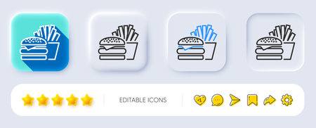 Burger with fries line icon. Neumorphic, Flat shadow, 3d buttons. Fast food restaurant sign. Hamburger or cheeseburger symbol. Line burger icon. Social media icons. Vectorのイラスト素材