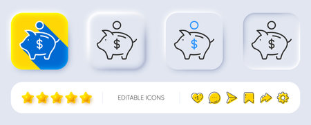 Piggy bank line icon. Neumorphic, Flat shadow, 3d buttons. Coins money sign. Business savings...