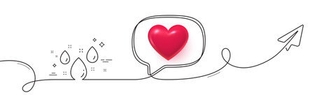 Rainy weather forecast line icon. Continuous line with share plane. Rain sign. Water drops symbol. 3d heart in speech bubble. Rainy weather single line ribbon. Loop curve pattern. Vectorのイラスト素材
