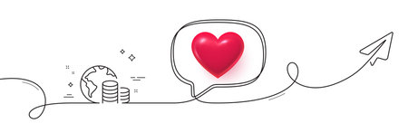 World budget line icon. Continuous line with share plane. Internet financial trade sign. Global economy symbol. 3d heart in speech bubble. Budget single line ribbon. Loop curve pattern. Vectorのイラスト素材