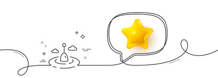 Fishing float line icon. Continuous line with 3d star. Bobber for rod sign. Fisherman tackle symbol. 3d star in speech bubble. Fishing float single line ribbon. Loop curve pattern. Vectorのイラスト素材