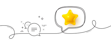 Text message line icon. Continuous line with 3d star. Chat comment sign. Speech bubble symbol. 3d...