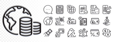 Salary, Difficult stress and Tax calculator line icons for web app. Glare of light effect. Message icon. Pack of Card, Buying accessory, Checked calculation pictogram icons. Vectorのイラスト素材