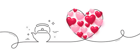 Teapot line icon. Continuous line big heart. Hot drink sign. Fresh beverage in kettle symbol. 3d hearts in heart shaped loop. Teapot single line ribbon. Loop curve pattern. Vectorのイラスト素材