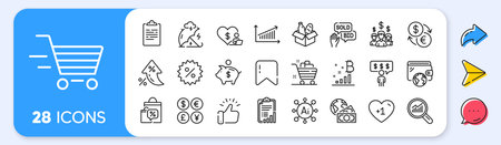 Employee benefits, Bitcoin graph and Delivery shopping line icons. Interest rate, AI generate, Inflation icons. Pack of Food donation, Chart, Clipboard icon. Vectorのイラスト素材