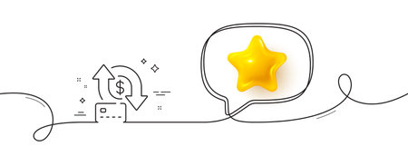 Money transfer line icon. Continuous line with 3d star. Credit card sign. Bank payments symbol. 3d star in speech bubble. Money transfer single line ribbon. Loop curve pattern. Vectorのイラスト素材