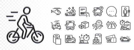 Packing boxes, Delivery online and Bus line icons for web app. Glare of light effect. Message icon. Pack of Elevator, Delivery cart, Helicopter pictogram icons. Vectorのイラスト素材