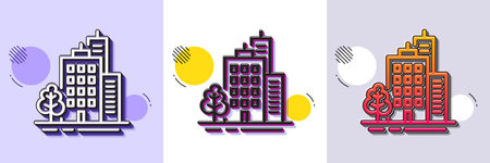 Buildings line icon. Halftone dotted pattern. Gradient icon with grain shadow. City architecture with tree sign. Skyscraper building symbol. Line buildings icon. Various designs. Vectorのイラスト素材