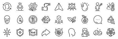 Medical shield, Face biometrics and Head line icons pack. Share, Message, Paper plane icons. Food, Medical mask, Eco organic web icon. Salad, No alcohol, Moisturizing cream pictogram. Vectorのイラスト素材