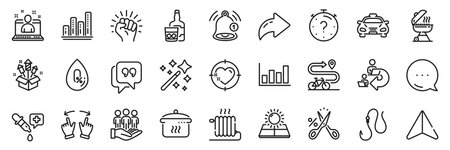 Whiskey glass, Quote bubble and Reminder line icons pack. Share, Message, Paper plane icons. Grill, Cut tax, Graph chart web icon. Sun energy, Delegate work, Best manager pictogram. Vectorのイラスト素材