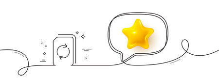 Update Document line icon. Continuous line with 3d star. Refresh Information File sign. Paper page concept symbol. 3d star in speech bubble. Update document single line ribbon. Vectorのイラスト素材
