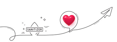 Hand sanitizer line icon. Continuous line with share plane. Sanitary cleaning sign. Washing hands symbol. 3d heart in speech bubble. Hand sanitizer single line ribbon. Loop curve pattern. Vectorのイラスト素材