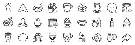 Grill tools, Food market and Gas grill line icons pack. Share, Message, Paper plane icons. Orange, Healthy food, Coffee web icon. Teacup, Recycle water, Takeaway coffee pictogram. Vectorのイラスト素材