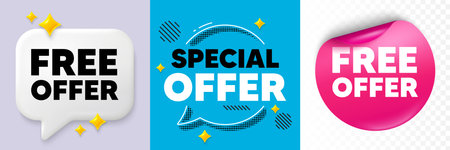 Free offer speech bubble. 3d sparkles chat, Paper sticker. Free offer tag. Special offer sign. Sale promotion symbol. Special offer bubble. Halftone dots pattern. Vectorのイラスト素材