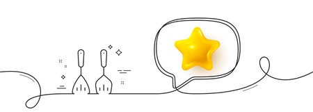 Cooking cutlery line icon. Continuous line with 3d star. Kitchen accessories sign. Food preparation symbol. 3d star in speech bubble. Cooking cutlery single line ribbon. Loop curve pattern. Vectorのイラスト素材