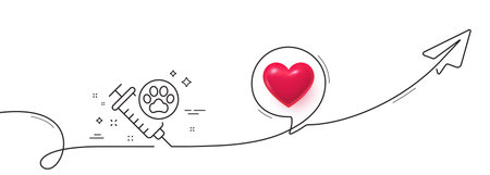 Dog vaccination line icon. Continuous line with share plane. Veterinary clinic sign. Pets care symbol. 3d heart in speech bubble. Dog vaccination single line ribbon. Loop curve pattern. Vectorのイラスト素材