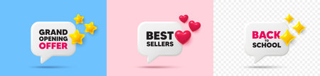 Best sellers chat speech bubble. 3d stars, sparkles, hearts chat bubbles. Best sellers tag. Special offer price sign. Advertising discounts symbol. Final sale, Back to school tag. Vectorのイラスト素材