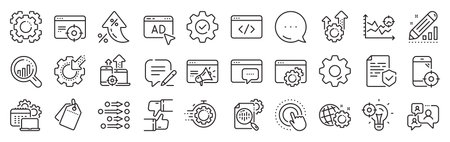 Seo line icons. Settings gear, Message, Inflation icons. Website stats, Target and Increase sales signs. Traffic management, social network and seo optimization icons. Vectorのイラスト素材