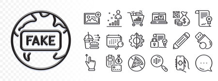 Pencil, Touchscreen gesture and Web inventory line icons for web app. Glare of light effect. Message icon. Pack of Security contract, Flash memory, Fake news pictogram icons. Vectorのイラスト素材