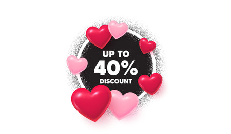Discount tag frame love banner. Circle photo frame. Up to 40 percent discount. Sale offer price sign. Special offer symbol. Save 40 percentages. 3d hearts balloons. Grain dots pattern. Vectorのイラスト素材