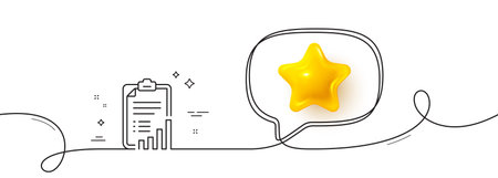 Checklist line icon. Continuous line with 3d star. Graph chart sign. Growth diagram symbol. 3d star...