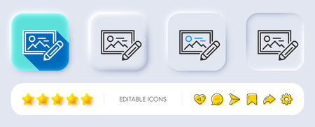 Photo edit line icon. Neumorphic, Flat shadow, 3d buttons. Image thumbnail with pencil sign. Picture...