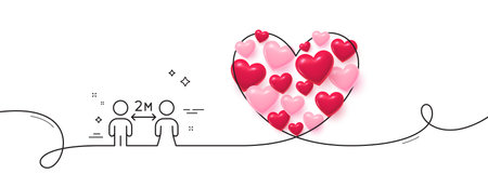 Social distancing line icon. Continuous line big heart. 2 meters distance between sign. Coronavirus pandemic symbol. 3d hearts in heart shaped loop. Social distancing single line ribbon. Vectorのイラスト素材