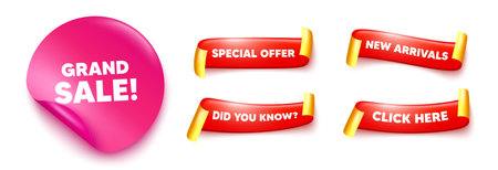 Grand sale sticker, offer ribbons. New arrivals, Click here. Grand sale tag. Special offer price sign. Advertising discounts symbol. Pink sticker tag. Flag ribbon banners. Vectorのイラスト素材