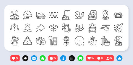 Time schedule, Parking payment and Car service line icons pack. Social media: share, comment, like...