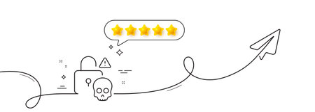Cyber attack line icon. Continuous line with share plane. Ransomware threat sign. Password cracking symbol. Five star rate review in speech bubble. Cyber attack single line ribbon. Vectorのイラスト素材