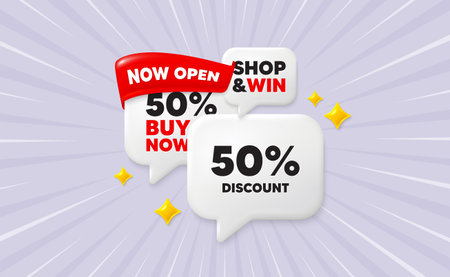 Discount speech bubbles. Now open flag ribbon. 50 percent discount tag. Sale offer price sign....