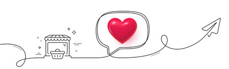 Online market line icon. Continuous line with share plane. Shopping cart sign. Retail marketplace symbol. 3d heart in speech bubble. Online market single line ribbon. Loop curve pattern. Vectorのイラスト素材