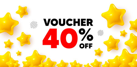 Coupon winner banner with 3d stars. Golden stars banner. Voucher 40 percent off sale. Special offer...