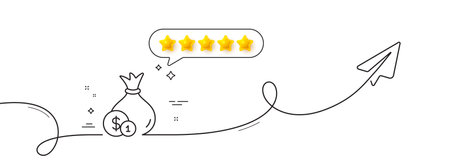Money bag with Coins line icon. Continuous line with share plane. Cash Banking currency sign. Dollar or USD symbol. Five star rate review in speech bubble. Cash single line ribbon. Vectorのイラスト素材