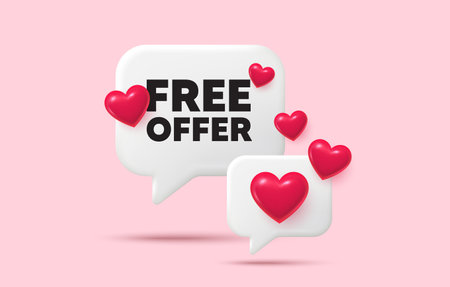 Free offer chat speech bubble. Social media concept. Free offer tag. Special offer sign. Sale promotion symbol. 3d hearts chat bubble. Vectorのイラスト素材