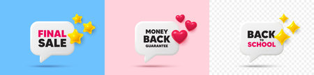 Money back guarantee chat speech bubble. 3d stars, sparkles, hearts chat bubbles. Money back...